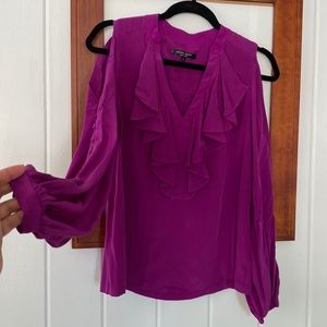 Nanette Lepore Fuchsia Silk Blouse Deep Ruffle Front Cold Shoulder Wrist 4